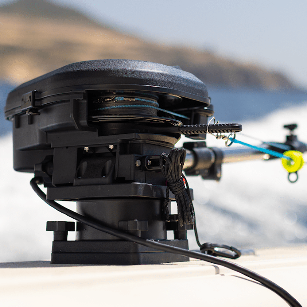 Scotty 2106 High Performance Downrigger mounted on a 1026 Pedestal Swivel Mount—viewed closely and slightly from beneath.